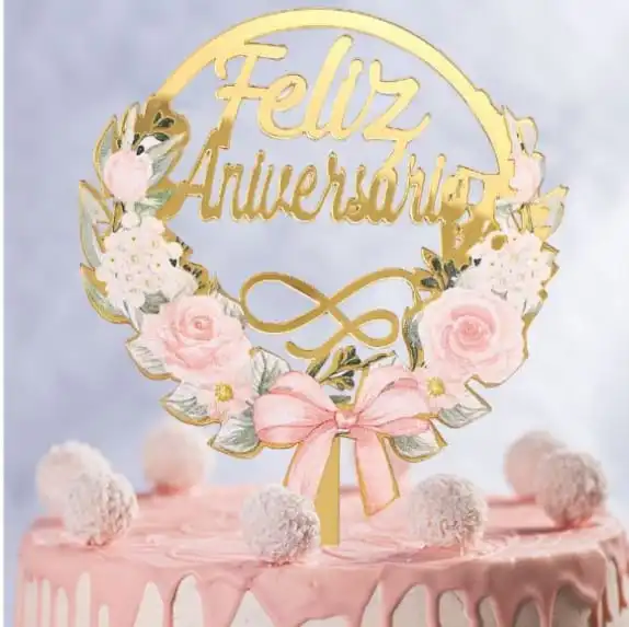 Topo Bolo Feliz Aniversário c/ Flores - Image 2